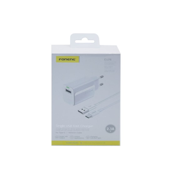 Carregador Foneng EU76 USB 2,1A com Cabo Tipo-C 1m Branco